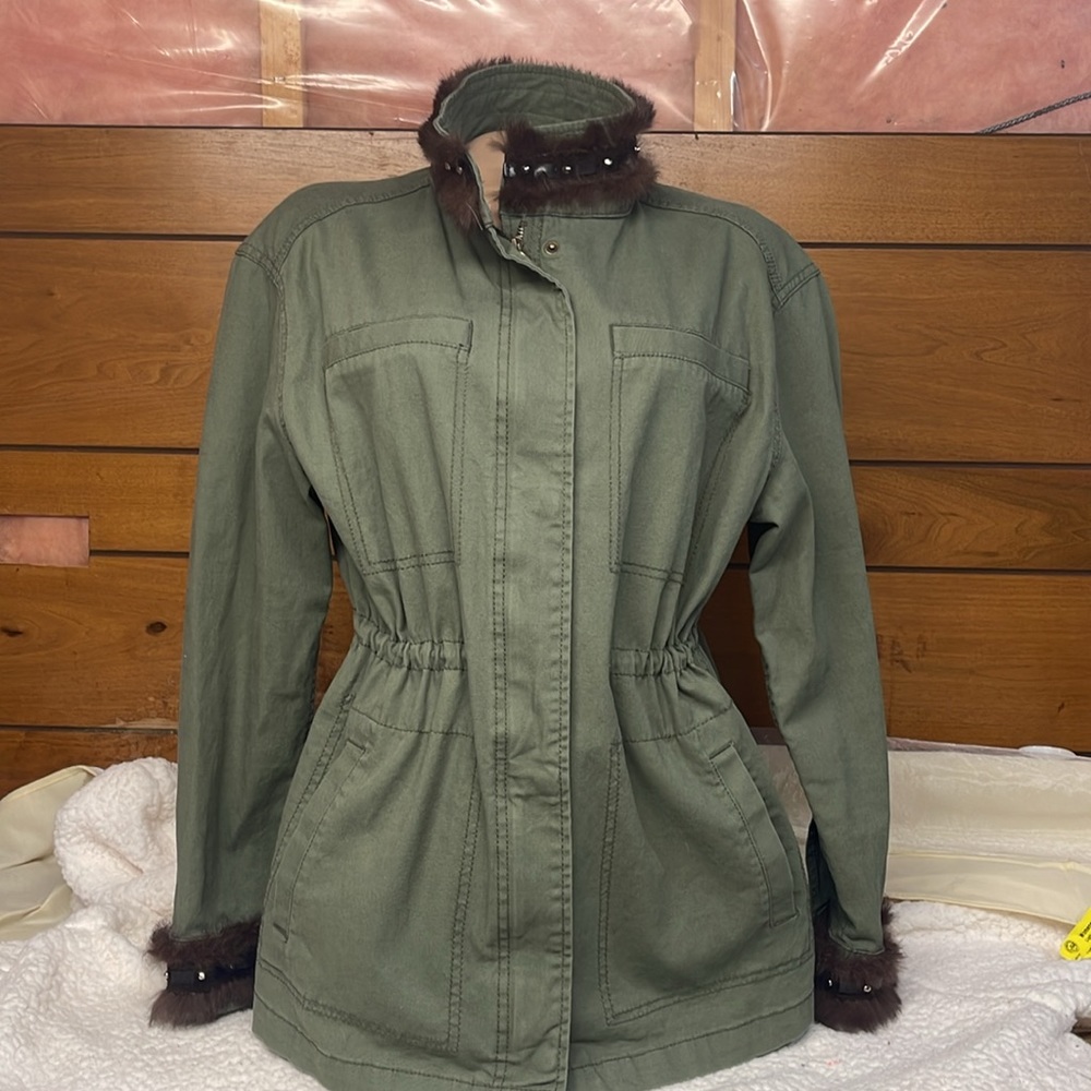 Tori Brown Army Green Field Jacket- Fur Trim Collar and Cuff Size - Boutique